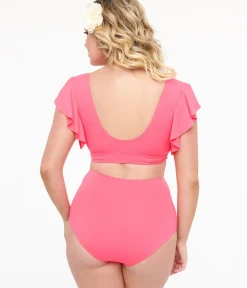 Unique Vintage Two Piece Swim|Summer Vacation>Neon Pink Ruffled Sleeve Two Piece Swim Set