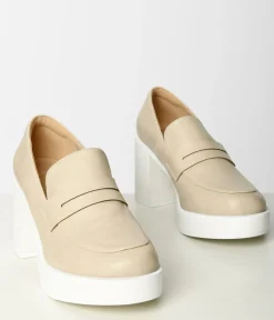 Unique Vintage Work Wear|Heels>Nude & White Leatherette Platform Loafers