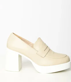 Unique Vintage Work Wear|Heels>Nude & White Leatherette Platform Loafers