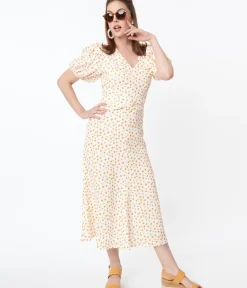Unique Vintage Maxi|Everyday Dresses>Off White & Orange Polka Dot Catherine Maxi Dress