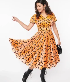 Unique Vintage Swing|Swing>Orange & Black Bat Midori Swing Dress