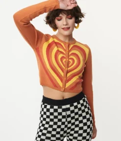 Unique Vintage Sweaters & Cardigans>Orange Heart Stripe Cardigan