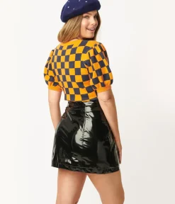 Unique Vintage Sweaters & Cardigans>Orange & Navy Check Cardigan