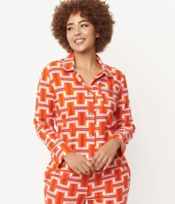 Unique Vintage All Things Red>Orange & Red Basket Plaid Pajama Top