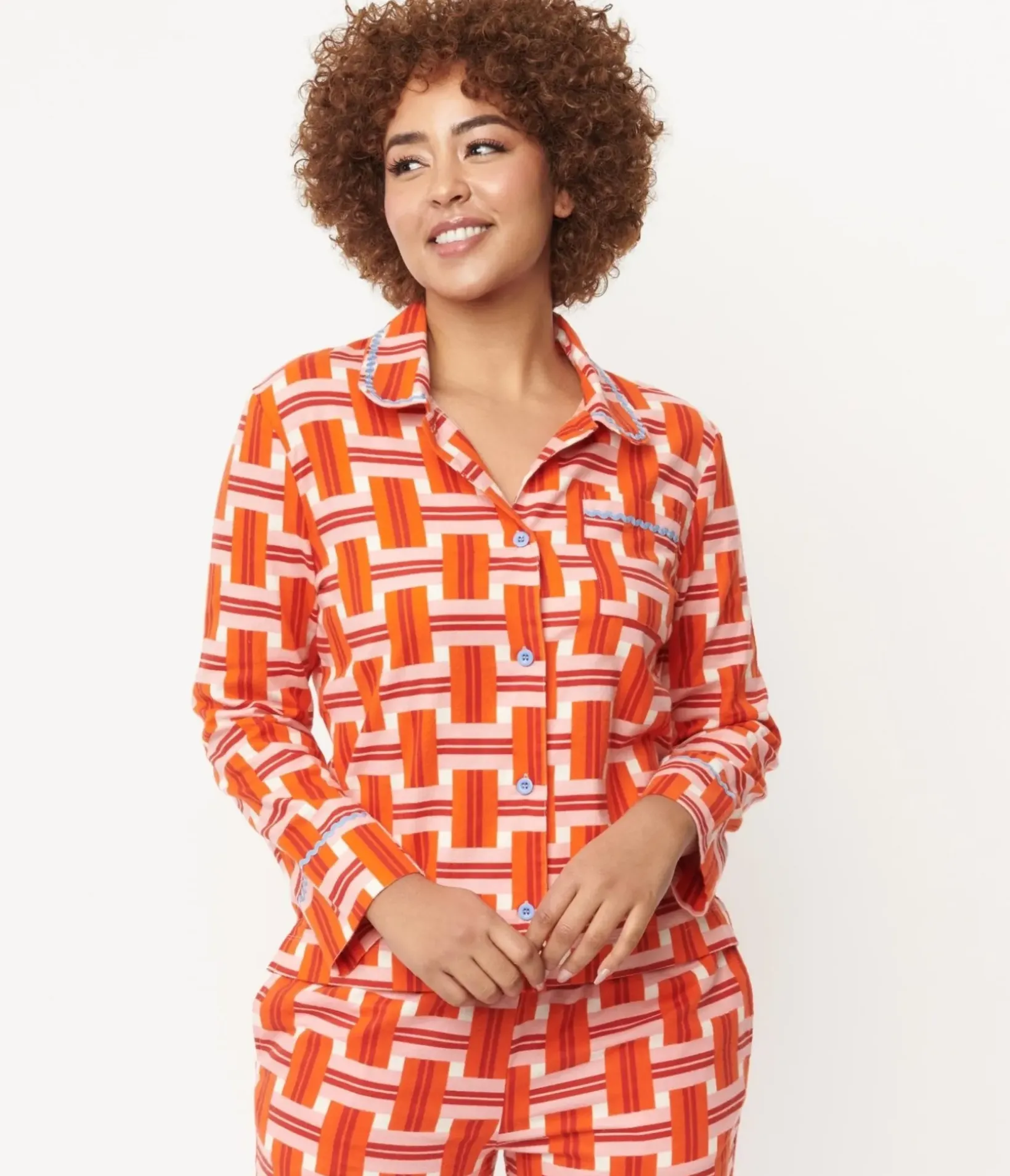Unique Vintage All Things Red>Orange & Red Basket Plaid Pajama Top