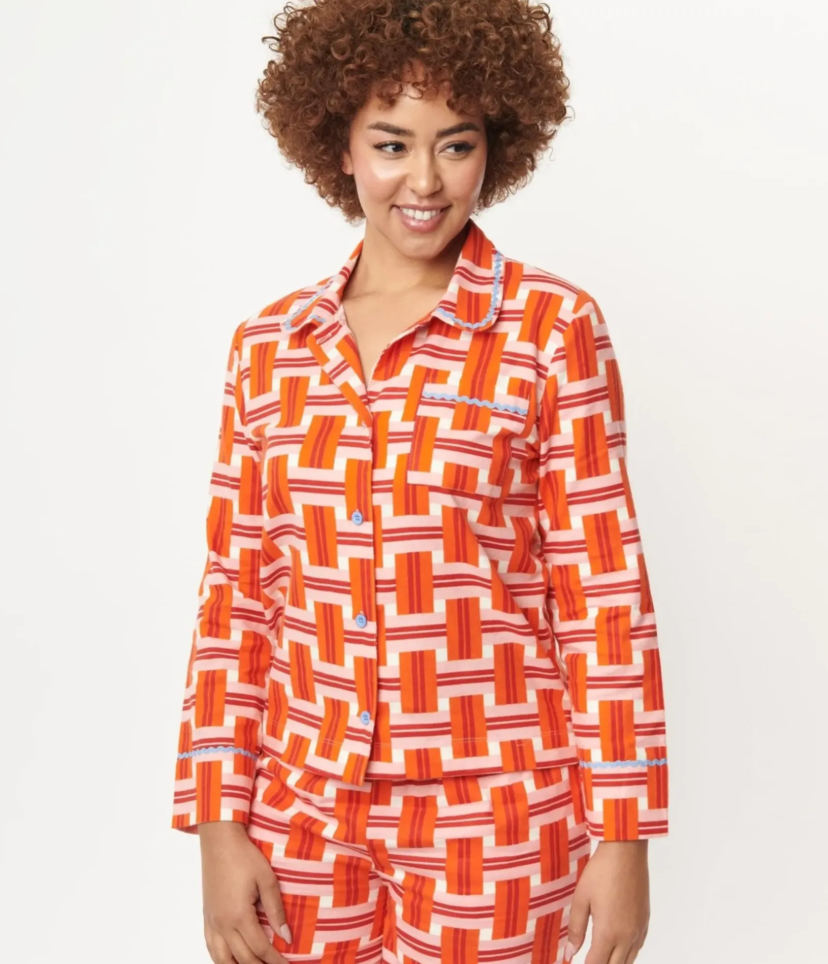Unique Vintage All Things Red>Orange & Red Basket Plaid Pajama Top