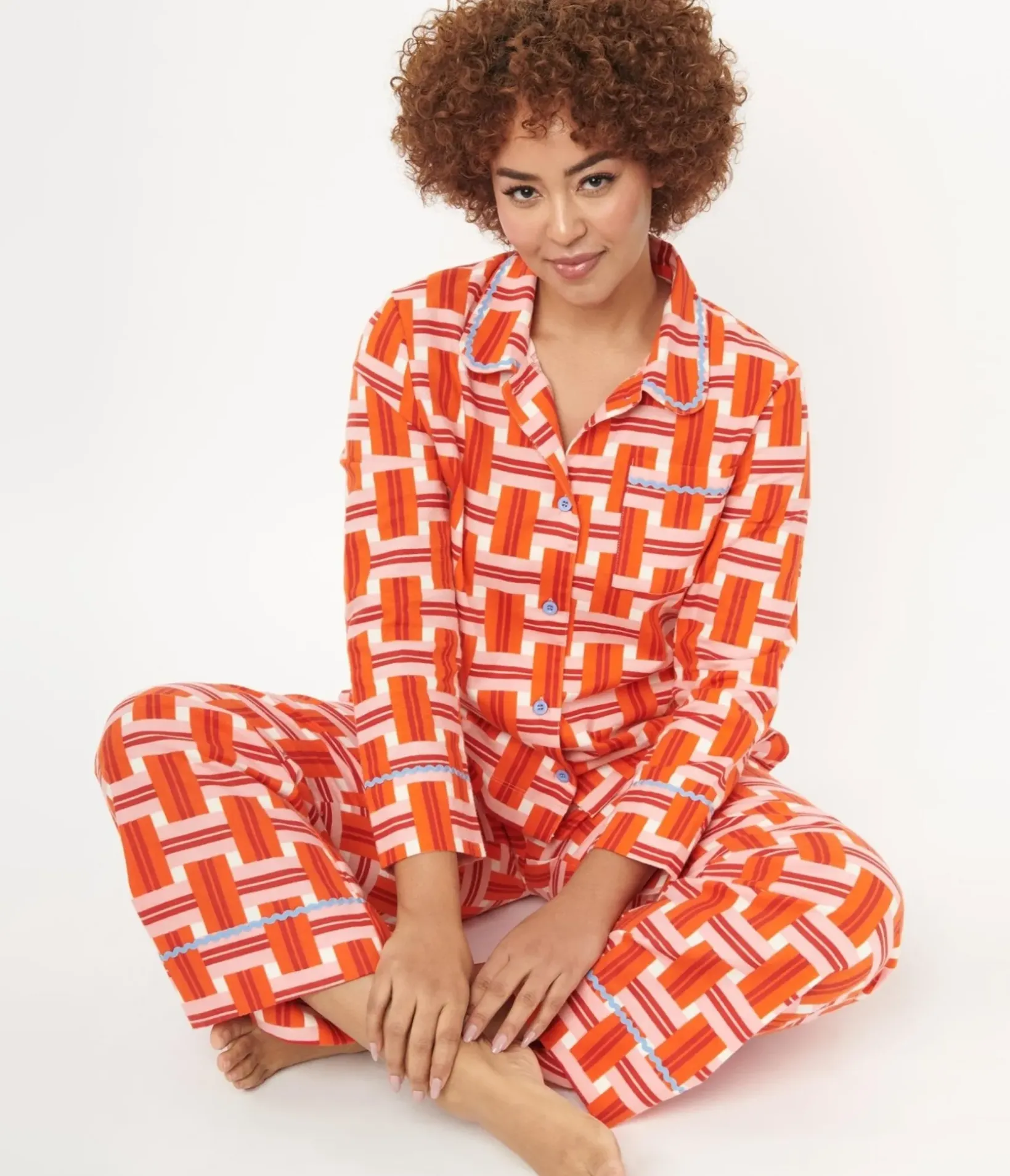 Unique Vintage All Things Red>Orange & Red Basket Plaid Pajama Top