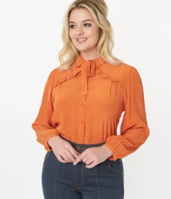 Unique Vintage Blouses|Work Wear>Orange Ruffle Yoke Bow Blouse