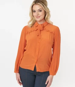 Unique Vintage Blouses|Work Wear>Orange Ruffle Yoke Bow Blouse