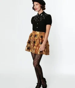 Unique Vintage Halloween>Orange Sequin & Spider Mini Skirt