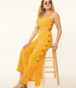 Unique Vintage Pants>Orange & White Floral Side Button Pants
