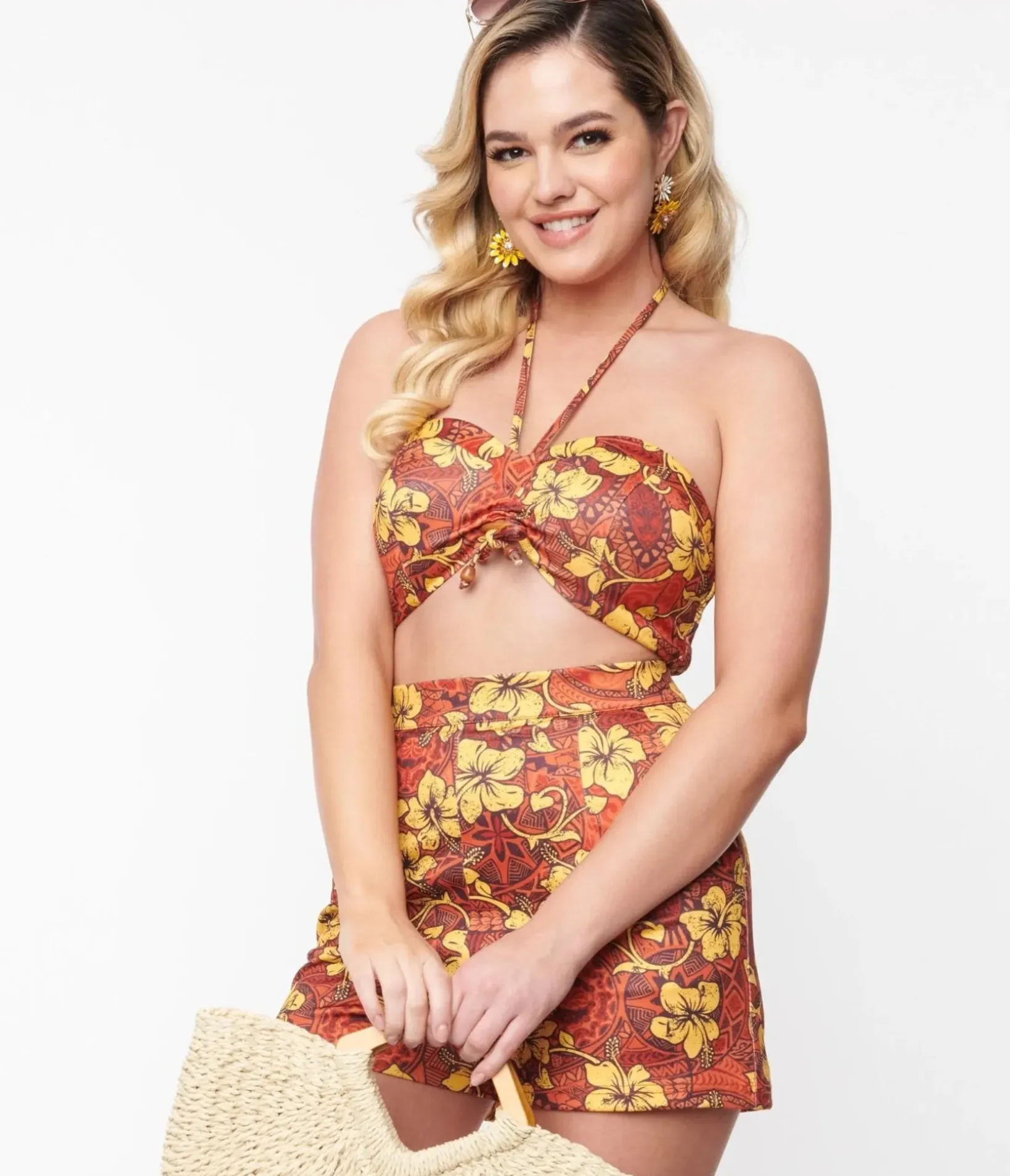Unique Vintage Blouses>Orange & Yellow Tropical Floral Mimosa Tube Top