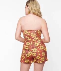 Unique Vintage Blouses>Orange & Yellow Tropical Floral Mimosa Tube Top