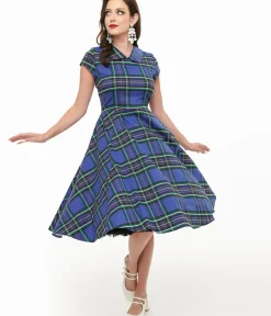 Unique Vintage Swing|Pocket Dresses>Orchid Bloom 1950s Blue Plaid Swing Dress