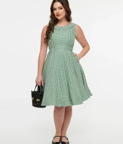 Unique Vintage Fit & Flare|Pocket Dresses>Orchid Bloom 1950s Green & Black Plaid Fit & Flare Dress