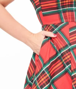 Unique Vintage Swing|Pocket Dresses>Orchid Bloom 1950s Red Plaid Swing Dress