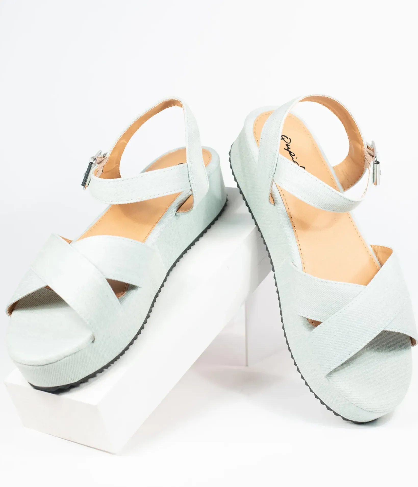 Unique Vintage Flats|Sandals>Pale Blue Denim Cross Strap Platform Keliko Sandals