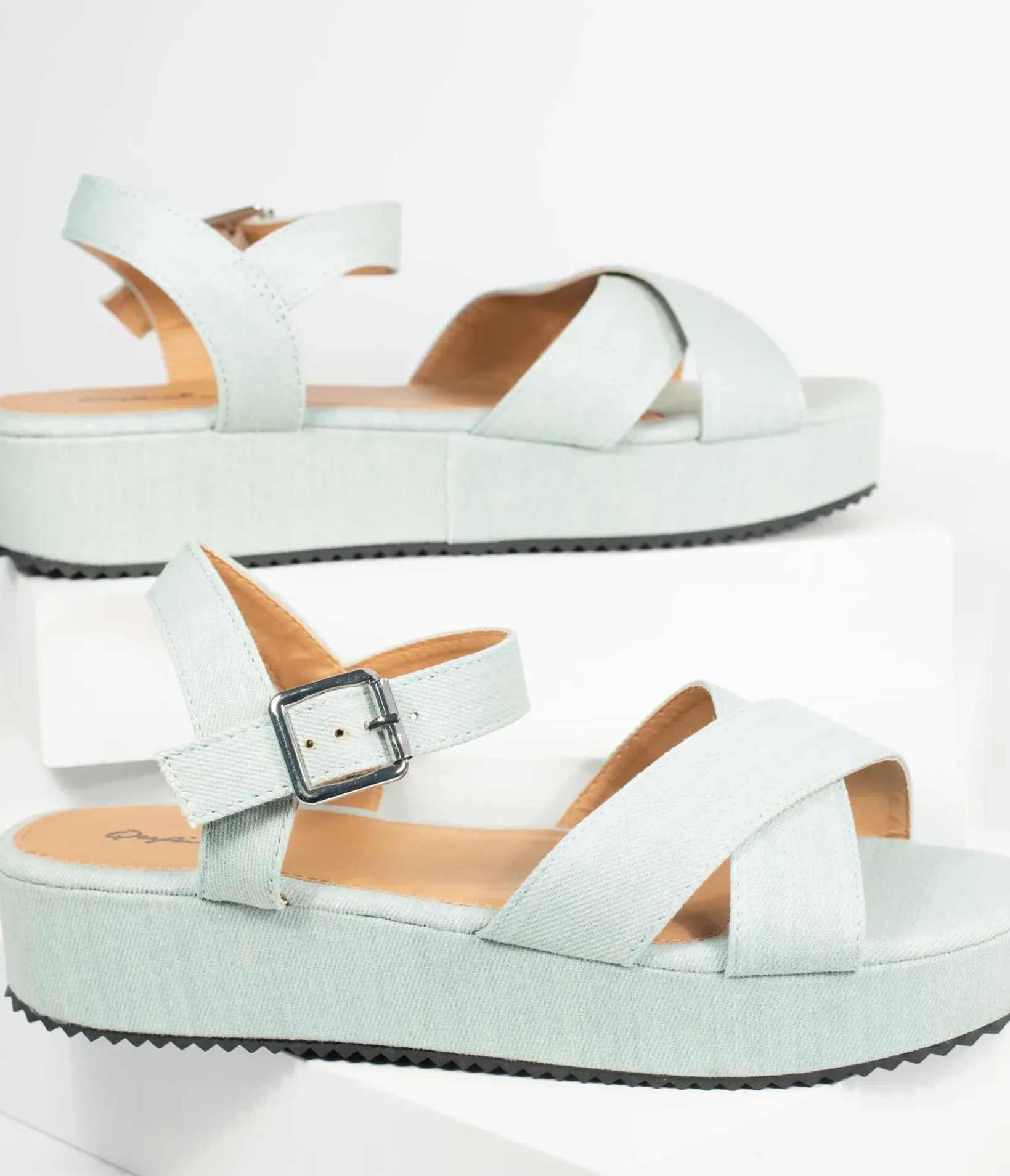 Unique Vintage Flats|Sandals>Pale Blue Denim Cross Strap Platform Keliko Sandals