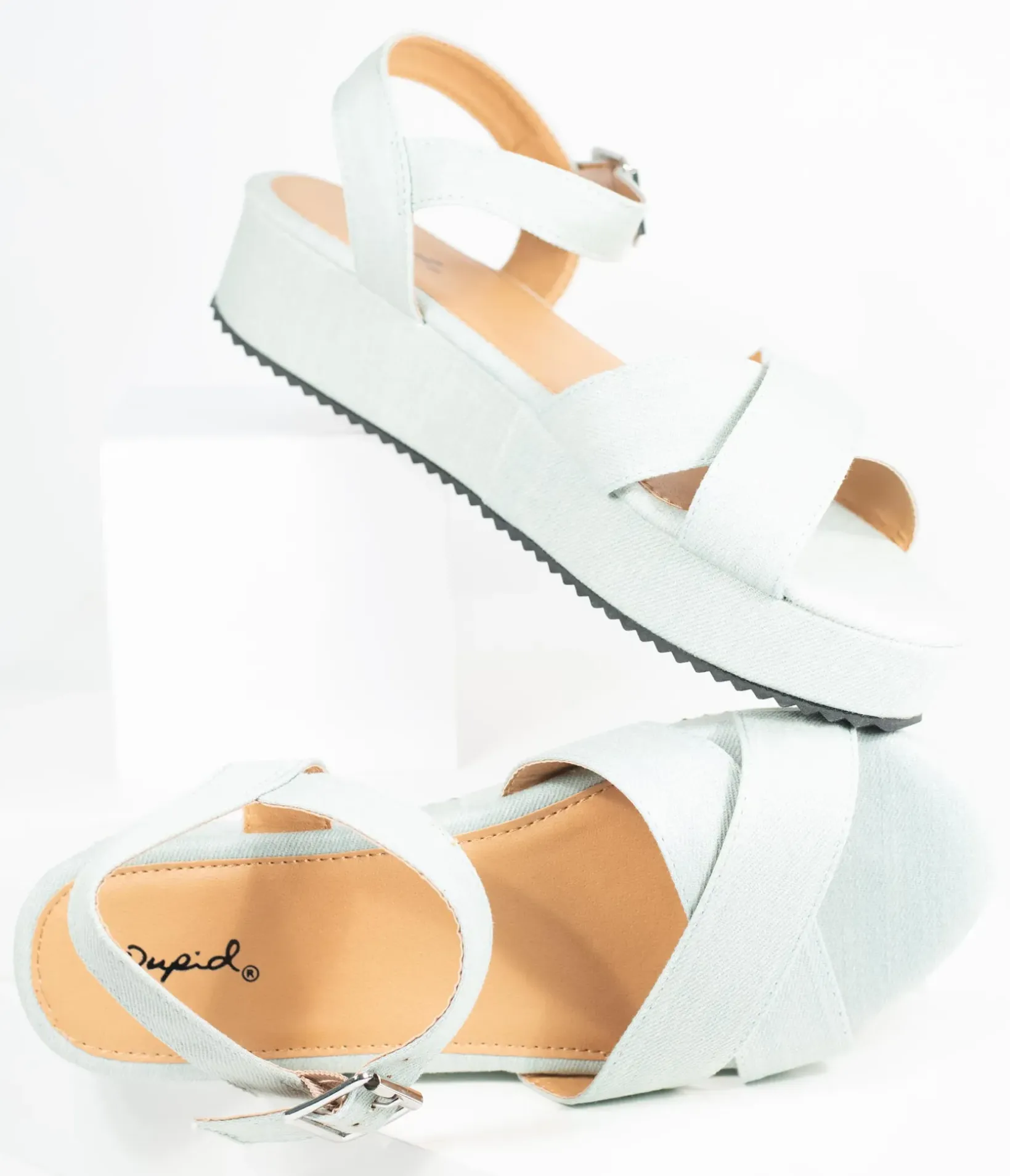 Unique Vintage Flats|Sandals>Pale Blue Denim Cross Strap Platform Keliko Sandals