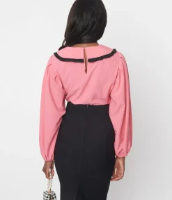Unique Vintage Work Wear|All Things Pink>Pink & Black Ruffle Trim Long Sleeve Blouse