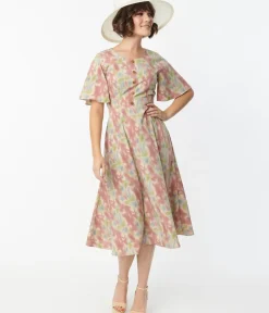 Unique Vintage Midi|Everyday Dresses>Pink & Blue Watercolor Pattern Festival Midi Dress