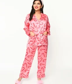 Unique Vintage All Things Pink|Lingerie & Shapewear>Pink Candy Cane Satin Pajama Set