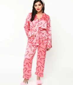 Unique Vintage All Things Pink|Lingerie & Shapewear>Pink Candy Cane Satin Pajama Set