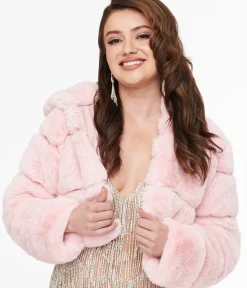 Unique Vintage Coats & Jackets|All Things Pink>Pink Faux Fur Puffer Crop Jacket