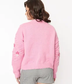 Unique Vintage Sweaters & Cardigans|All Things Pink>Pink Floral Cable Knit Cardigan