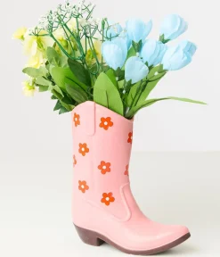 Unique Vintage All Things Pink|Gifts For The Home>Pink Floral Ceramic Cowboy Boot Vase