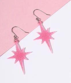 Unique Vintage All Things Pink|Earrings>Pink Glitter Atomic Star Dangle Earrings