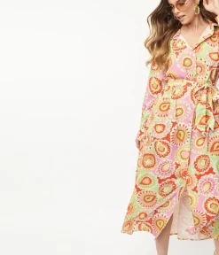 Unique Vintage Midi|All Things Pink>Pink & Green Paisley Print Midi Shirtdress