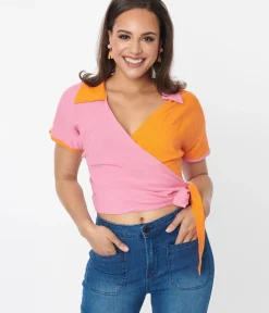 Unique Vintage All Things Pink>Pink & Orange Colorblock Surplice Wrap Top