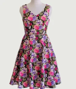 Unique Vintage Swing|Pocket Dresses>Pink & Purple Roses Swing Dress