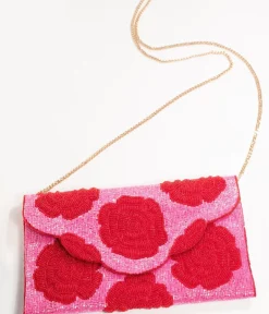 Unique Vintage Special Occasion|Barbie Core>Pink & Red Floral Rose Beaded Envelope Clutch