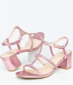 Unique Vintage Special Occasion|Sandals>Pink Rhinestone Leatherette T-Strap Heels