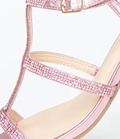 Unique Vintage Special Occasion|Sandals>Pink Rhinestone Leatherette T-Strap Heels