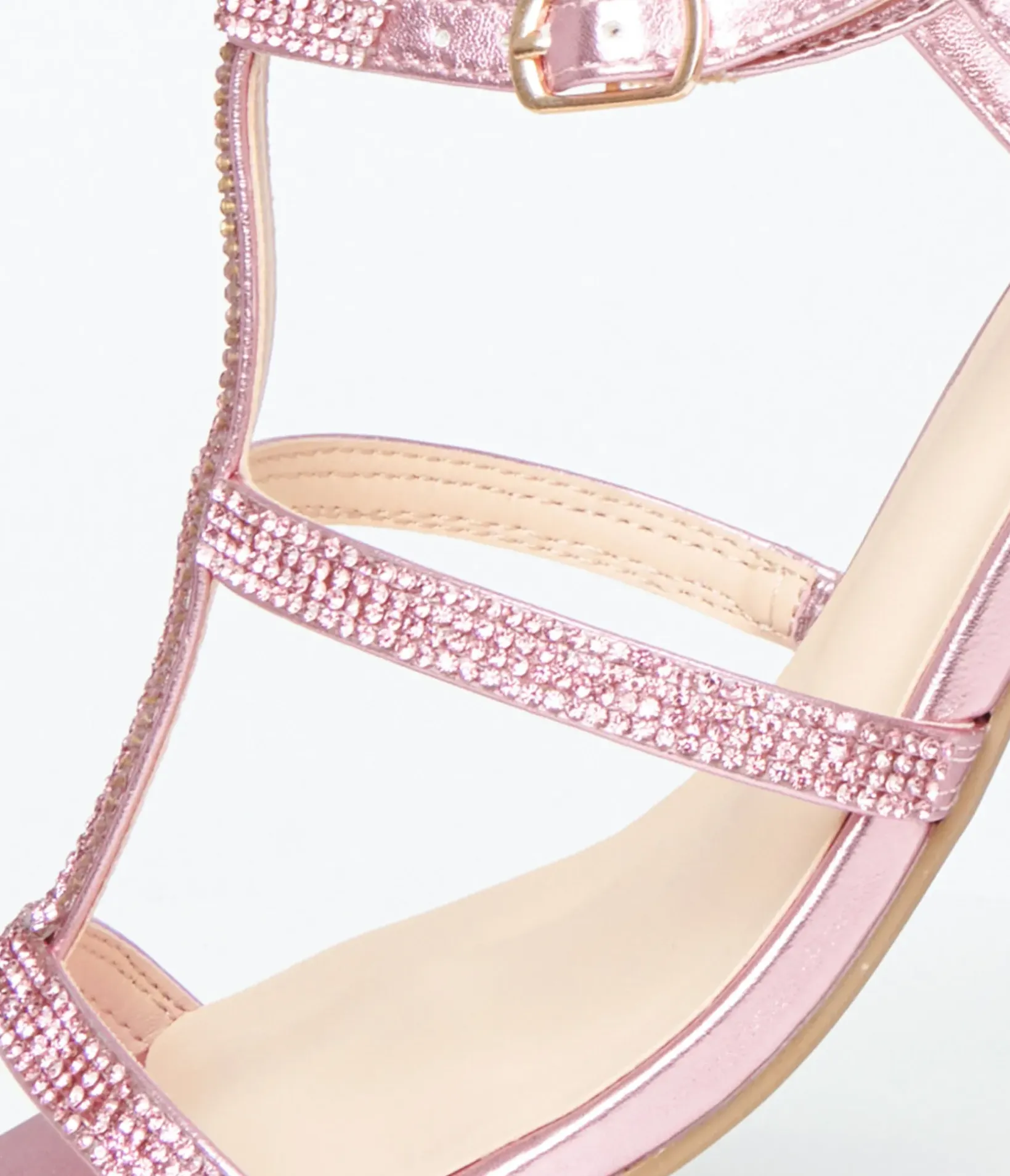 Unique Vintage Special Occasion|Sandals>Pink Rhinestone Leatherette T-Strap Heels