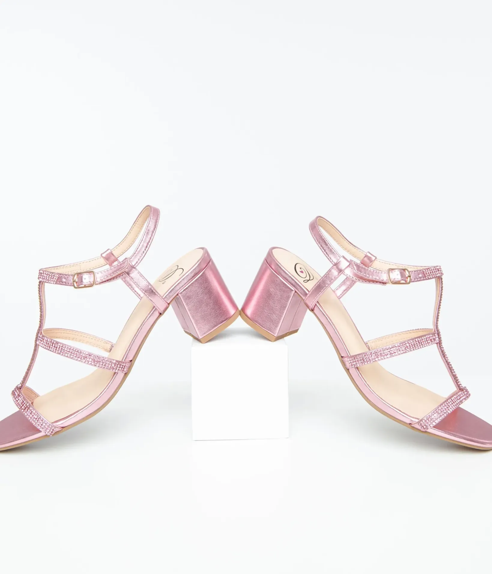 Unique Vintage Special Occasion|Sandals>Pink Rhinestone Leatherette T-Strap Heels