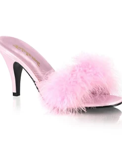 Unique Vintage Special Occasion|Heels>Pink Satin & Marabou Feather Peep Toe Amour Heel Slipper
