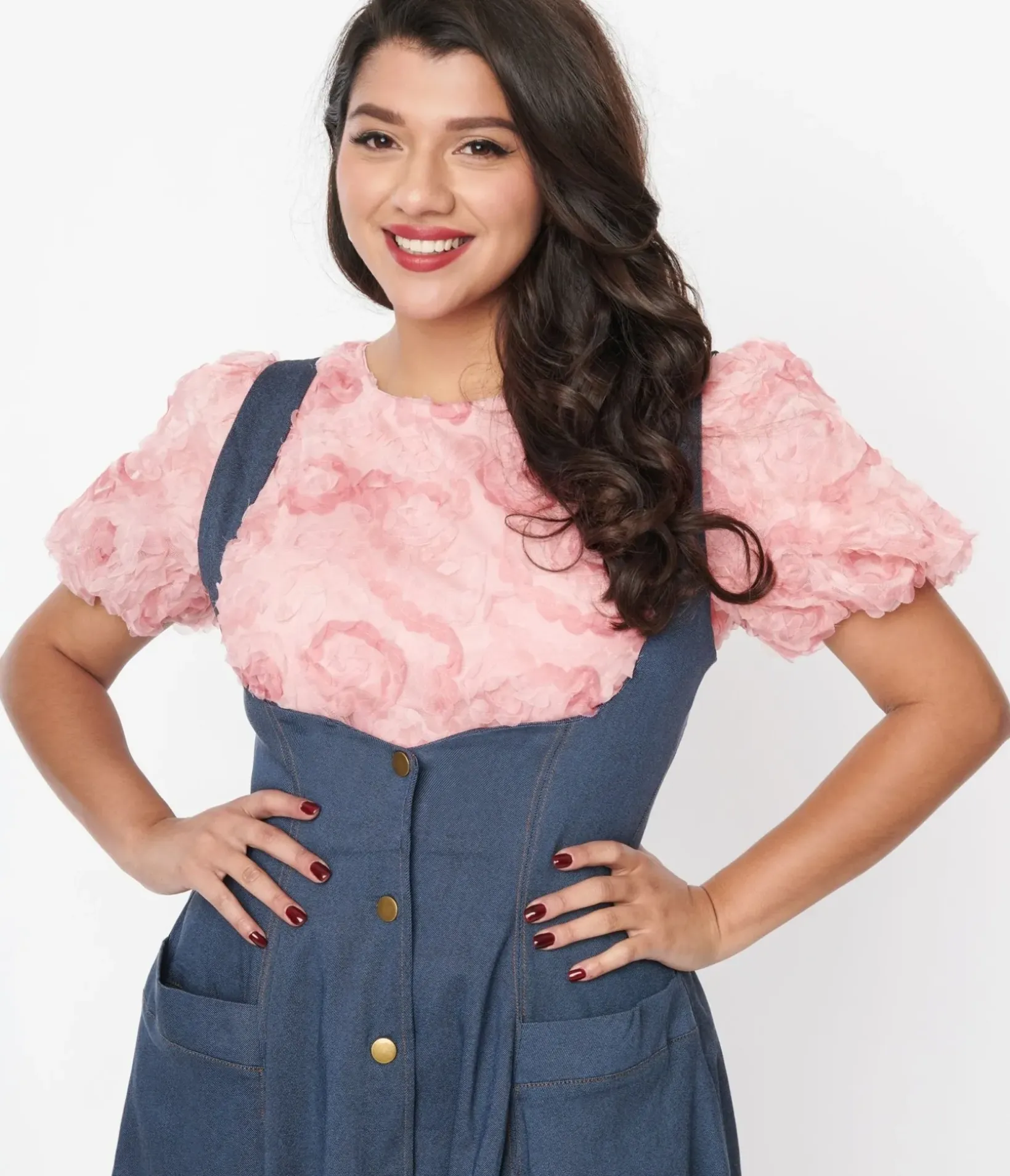 Unique Vintage Blouses|Blouses>Pink Textured Floral Puff Sleeve Blouse