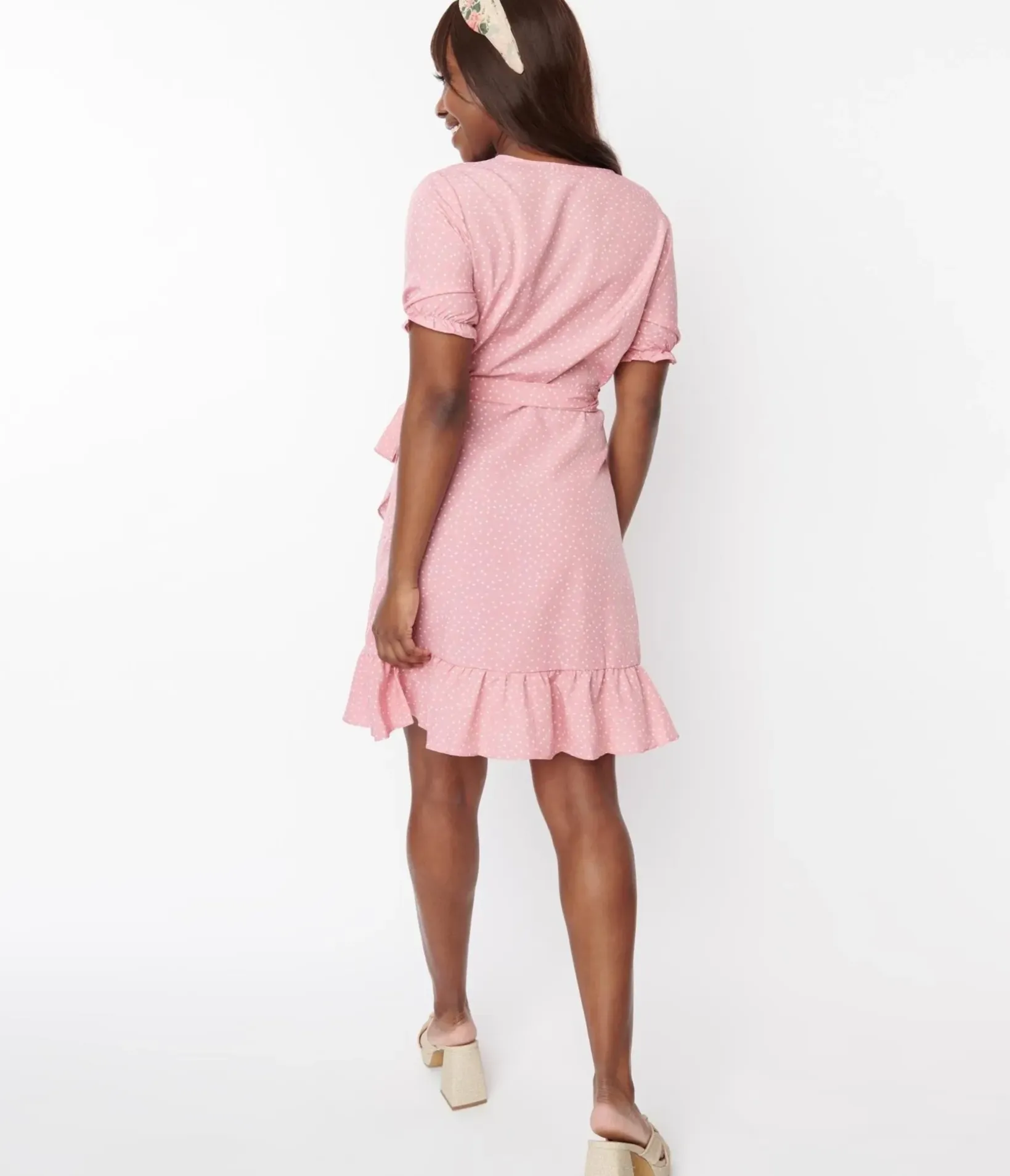 Unique Vintage All Things Pink>Pink & White Polka Dot Wrap Dress