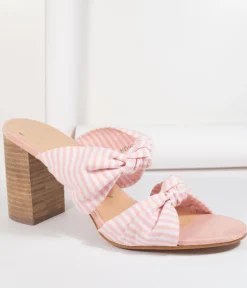 Unique Vintage Heels|Sandals>Pink & White Stripe Block Heel Sandal