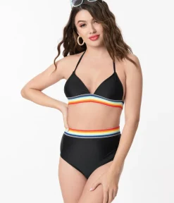 Unique Vintage Two Piece Swim>Pin-Up Black & Rainbow Two Piece Bikini Swimsuit