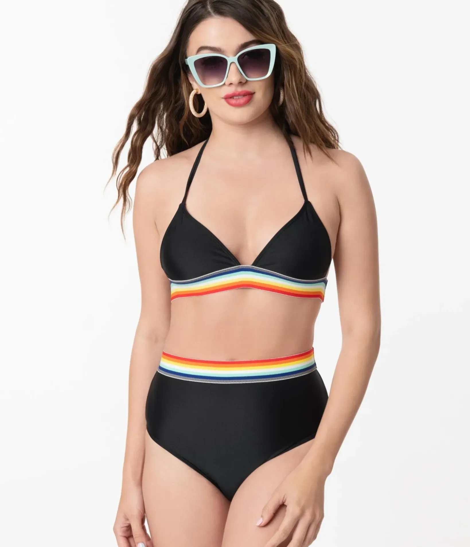 Unique Vintage Two Piece Swim>Pin-Up Black & Rainbow Two Piece Bikini Swimsuit