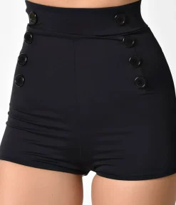 Unique Vintage Swim Bottoms|Two Piece Swim>Pin Up Style Black Button High Waist Sailor Swim Bottoms