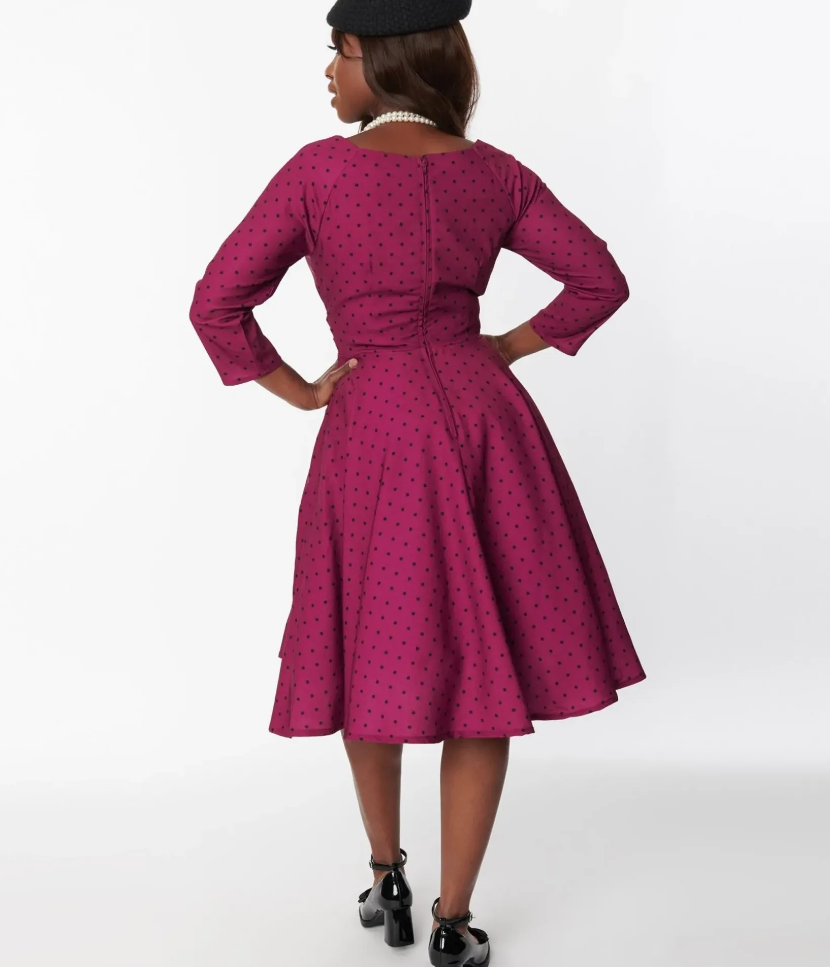 Unique Vintage Swing|Pocket Dresses>Plum & Black Polka Dot Genevieve Swing Dress