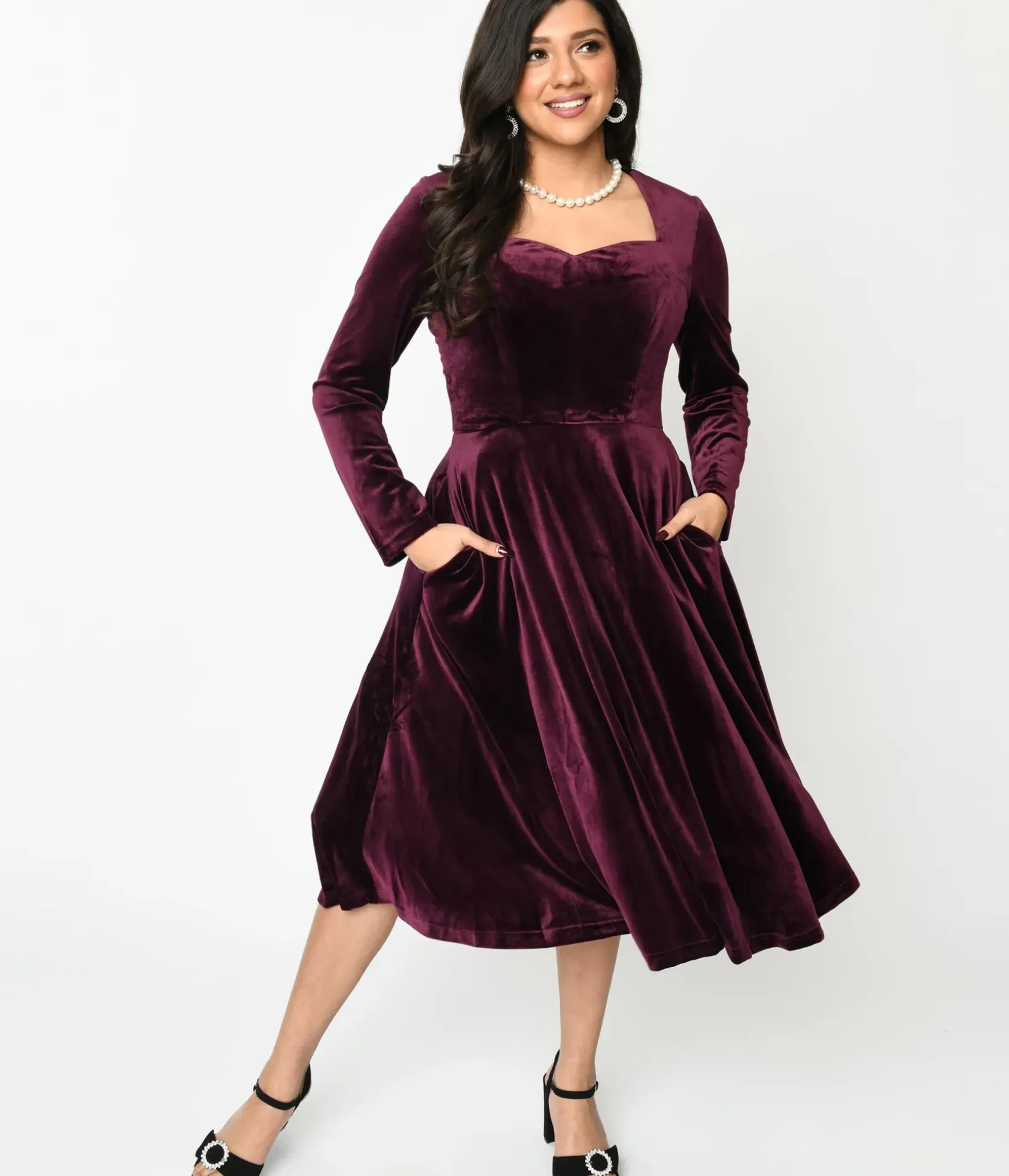 Unique Vintage Swing|Pocket Dresses>Plum Wine Velvet Swing Dress
