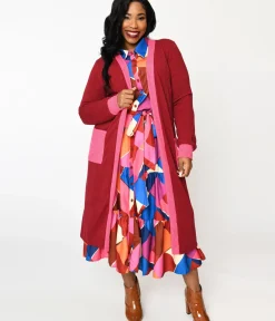 Unique Vintage Sweaters & Cardigans|Work Wear>Plus Long Berry & Pink Contrast Open Long Cardigan