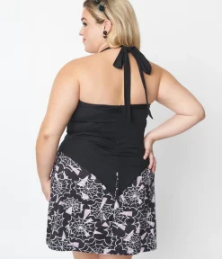 Unique Vintage Halloween>Plus Size Black Bat Halter Crop Top